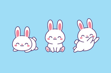 Set of cute white bunnies in different poses including lying sitting and jumping with pink ears and happy expressions in kawaii flat vector style