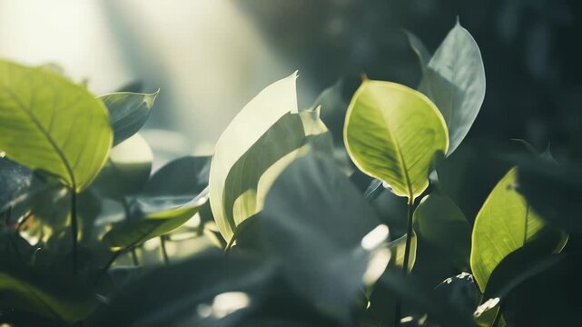 Lush green leaves with visible veins are receiving soft sunbeams and dabs of natural light, symbolizing growth, renewal, and serene energy in a tropical environment