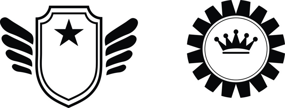 Black and white emblems with shield star and crown symbols
