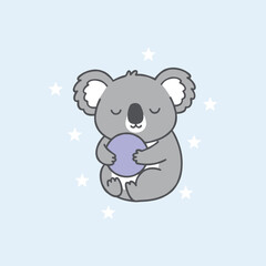 Fototapeta premium Cute Cartoon Koala Sleeping While Hugging a Purple Ball with White Stars on Light Blue Background, Adorable Animal Vector Illustration for Kids