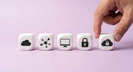 Hand arranging white cubes with cloud computing and data security icons representing secure network hosting information storage and digital privacy technology for business systems