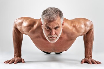 Obraz premium Fit senior man performs focused pushups against clean white studio background with determination