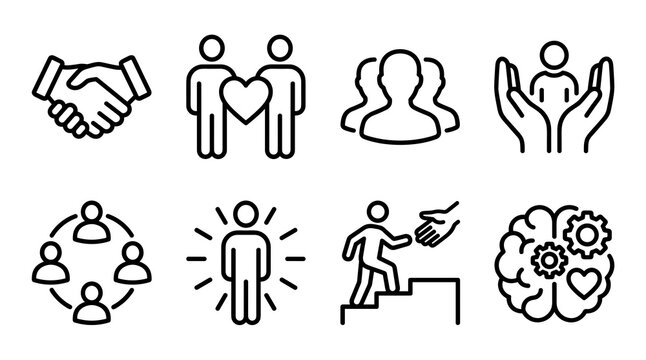 Social responsibility and business partnership line icons for community teamwork and leadership growth