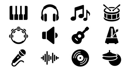 Professional collection of twelve black music icons including guitar piano drum microphone headphones and vinyl record for web interface mobile apps and graphic design elements