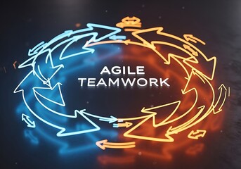 A circular arrangement of arrows symbolizing agile teamwork in a collaborative environment from a direct viewpoint