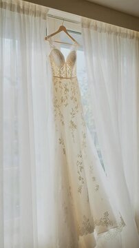 Elegant lace wedding dress hanging by a window with sheer curtains, ready for the ceremony