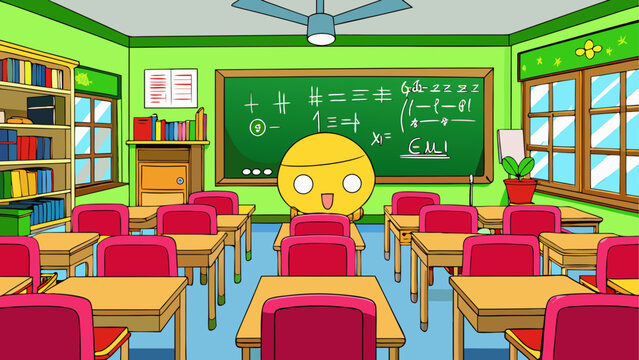 Classroom with yellow character at the blackboard