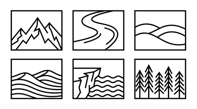 Set of six simple black and white vector icons representing natural environments including mountain peaks winding roads rolling hills desert dunes ocean cliffs and pine trees