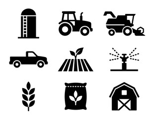 A collection of nine black silhouette icons representing modern agriculture including heavy machinery farm buildings irrigation systems and crop production symbols for industrial design