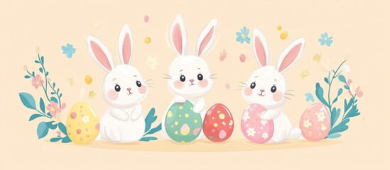 Obraz premium Adorable easter bunnies holding a painted egg surrounded by colorful eggs and spring flowers on a pastel background, perfect for easter celebrations