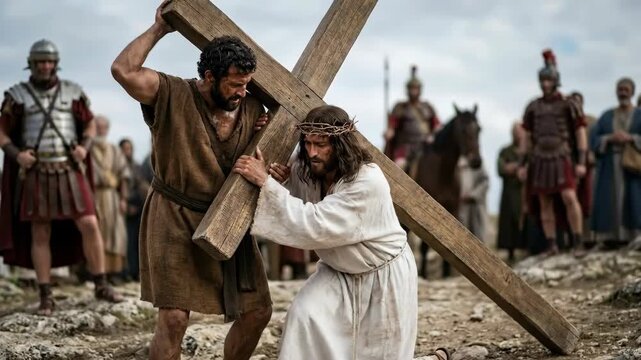 Simon of Cyrene helping Jesus with cross. Biblical scene for depicting the New Testament story.