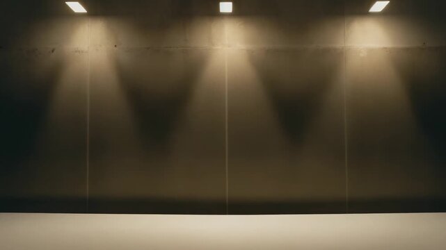 Concrete wall creating an empty backdrop, subtly illuminated by rectangular ceiling lights, featuring a rough texture and minimalist industrial aesthetic for various design projects