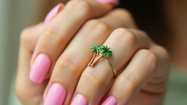Video A close-up shot of a woman's hand with a pink manicure holding a palm tree ring
