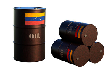 Oil barrels with the Venezuela flag on white background. 3D Render