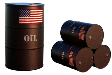 Oil barrels with the US flag on a transparent background. 3D Render