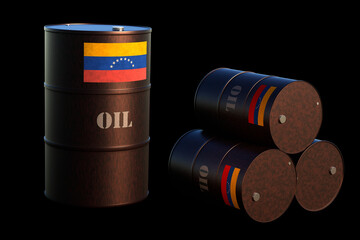 Oil barrels with the Venezuela flag on black background. 3D Render