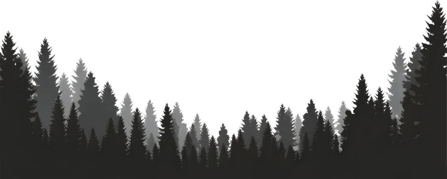 Silhouette of coniferous forest trees on white background