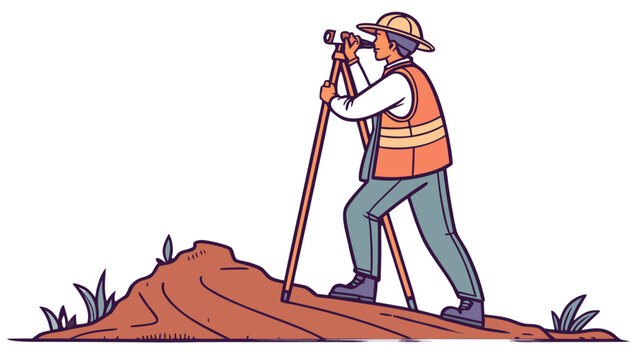 A man surveyor stands on a small dirt mound, looking through a surveying instrument mounted on a tripod, GNSS pole vector, GPS pole