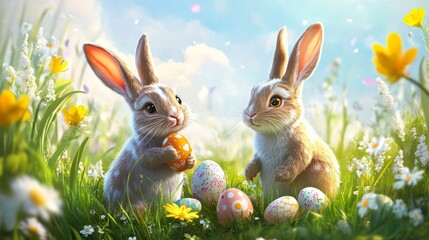Adorable easter bunnies holding a painted egg surrounded by colorful eggs and spring flowers on a pastel background, perfect for easter celebrations