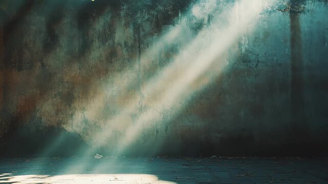 Ray of sunlight piercing an abandoned interior, illuminating swirling dust and textured walls and floor, evoking hope, mystery and quiet, tranquil atmosphere
