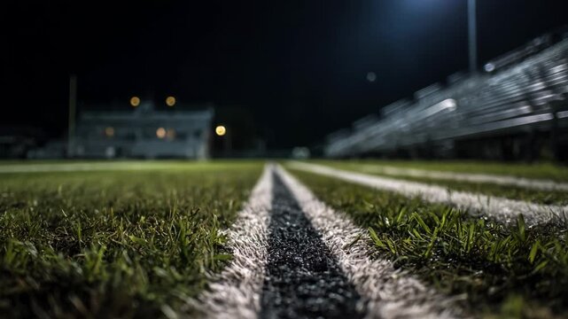 Nighttime medium shot of illuminated sports field lighting casting sharp shadows on the marked grass while the darkened bleachers remain out of focus.