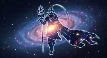Cosmic Shiva silhouette holding trident within glowing galaxy background expressing divine power spirituality meditation energy and Maha Shivratri celebration