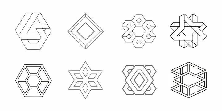 Geometric line art featuring interlocking shapes and optical illusions