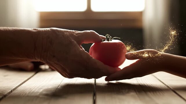 Child and adult reaching for fruit on a wooden table in warm room