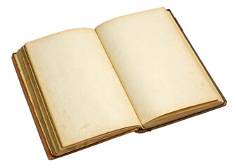 Open vintage book with blank yellowed or brown pages isolated on a transparent background.