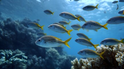 Fototapeta premium A school of silver and yellow striped fish glides through clear blue underwater ocean waters near a coral reef