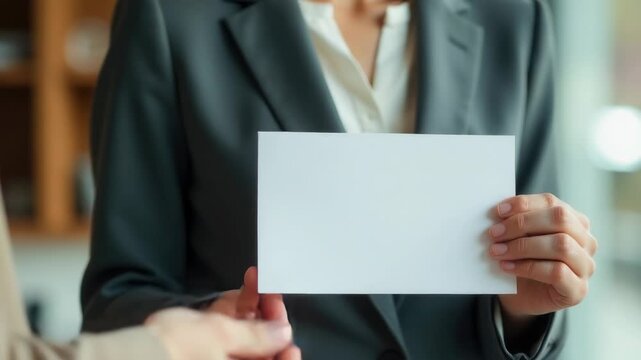 Video A woman in a professional attire holding a piece of paper, possibly for a meeting or presentation