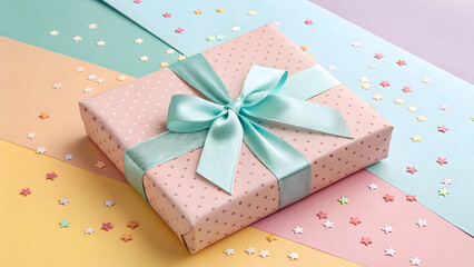 Obraz premium A beautifully wrapped pastel pink gift box with a blue ribbon and scattered stars