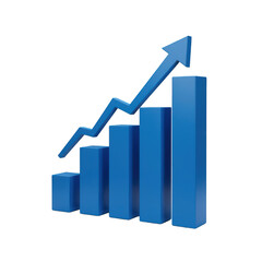 Blue bar graph with upward arrow on black background isolated on a transparent background