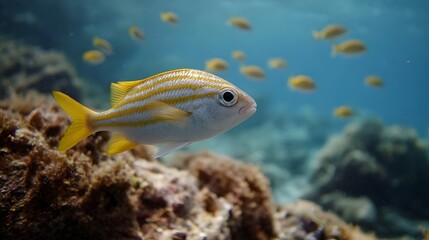 Fototapeta premium A solitary yellow and white striped fish swims near a coral reef with a school of smaller fish in the background underwater