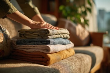 Obraz premium Folding laundry on sofa in cozy home during morning hours