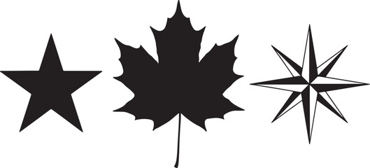 Obraz premium Three black silhouettes of a star, maple leaf, and compass star on a white background also transparent background