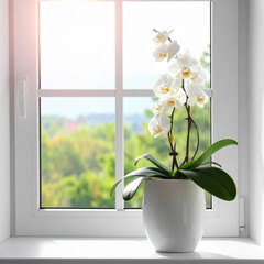 White Orchid in Decorative Pot with Outdoor View