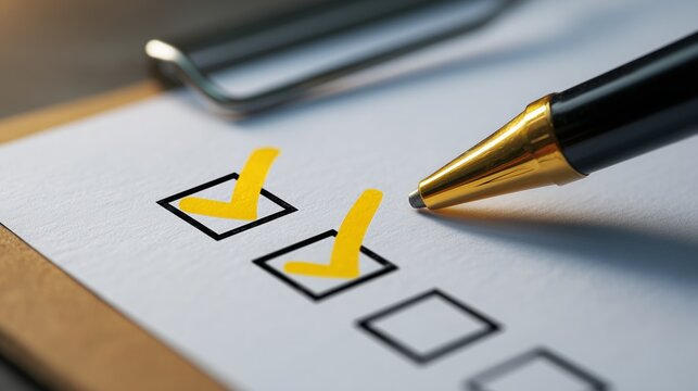 Close-up of a completed checklist with a pen marking checkboxes on a clipboard.