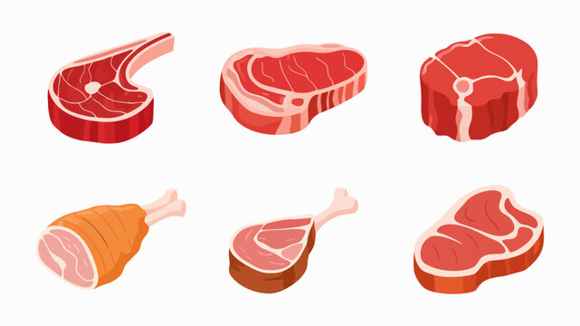 Isometric of raw meat cuts including steaks and ham hock beef pork