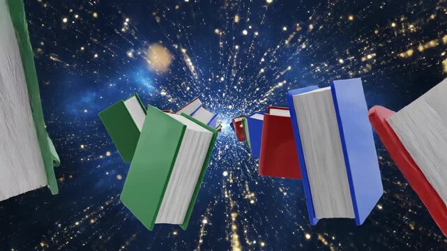 Seamlessly looping motion graphic of stylized geometric book spines rotating and moving perpetually within a deep blue ether and glowing particles minimalist, design, corporate