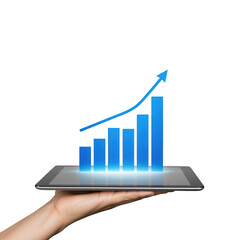Hand holding tablet with rising blue bar graph and arrow isolated on a transparent background
