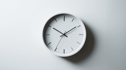Minimalist white wall clock with black hands on a smooth, light background.