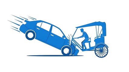 Naklejka premium Blue silhouette of car crashing into rickshaw with rider