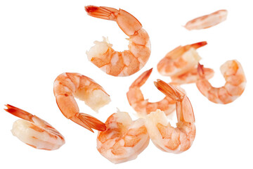peeled shrimps falling mid-air isolated on a transparent background.
