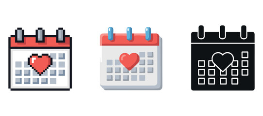Obraz premium Pixel heart calendar icons with red accents in various styles
