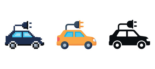 Fototapeta premium Evolution of electric car icons: pixel, flat, and silhouette designs