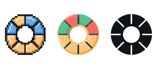 Pixelated, colorful, and solid life buoy designs on white background