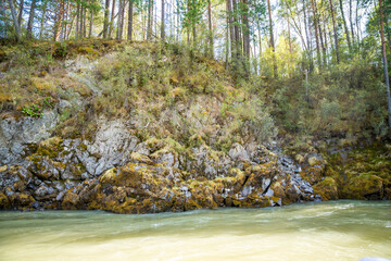 Rocky riverbanks of Katun river in Altai Russia close up. Detailed view of rugged cliffs and stones along mountain river shore.