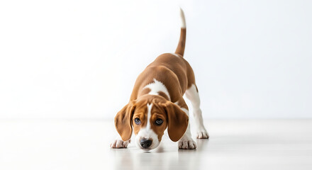 Playful Dog Sniffing Around, Indoor Studio, Adobepremium Photography, Bright Minimalist Setting, Low Angle View