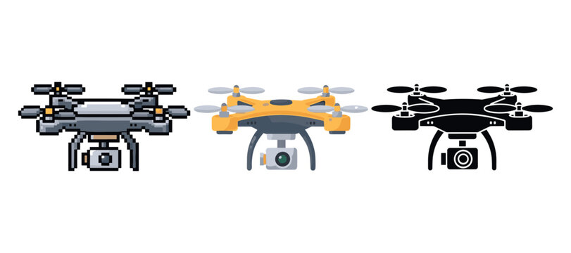 Pixel art drones trio: gray, yellow, black variations with cameras